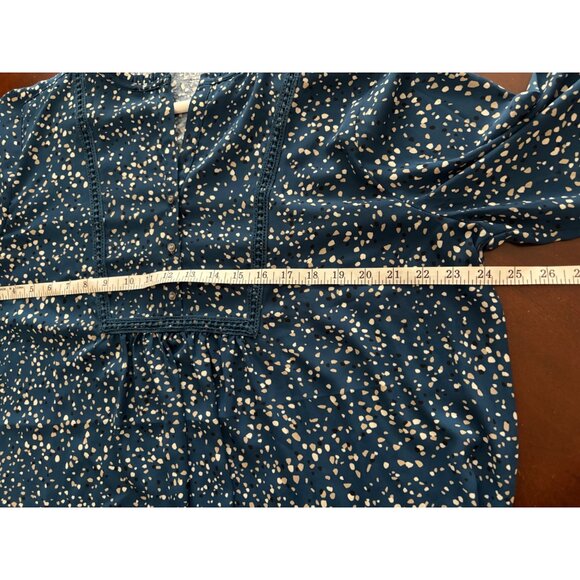 LOFT Blue Confetti Dot Long Sleeve Split Neck Smocked Casual Blouse Size XL - Picture 7 of 12
